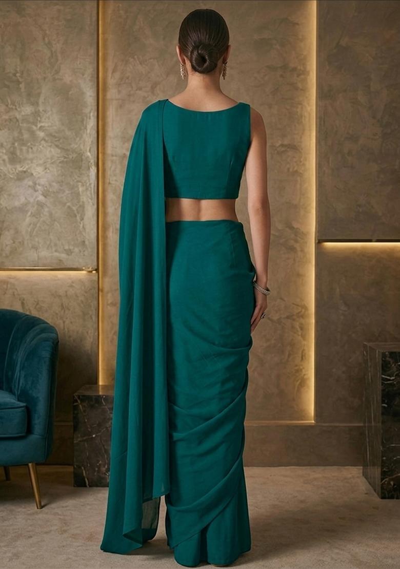 Peacock Teal Embroidered Handwork Pre Draped Saree Set - Indya