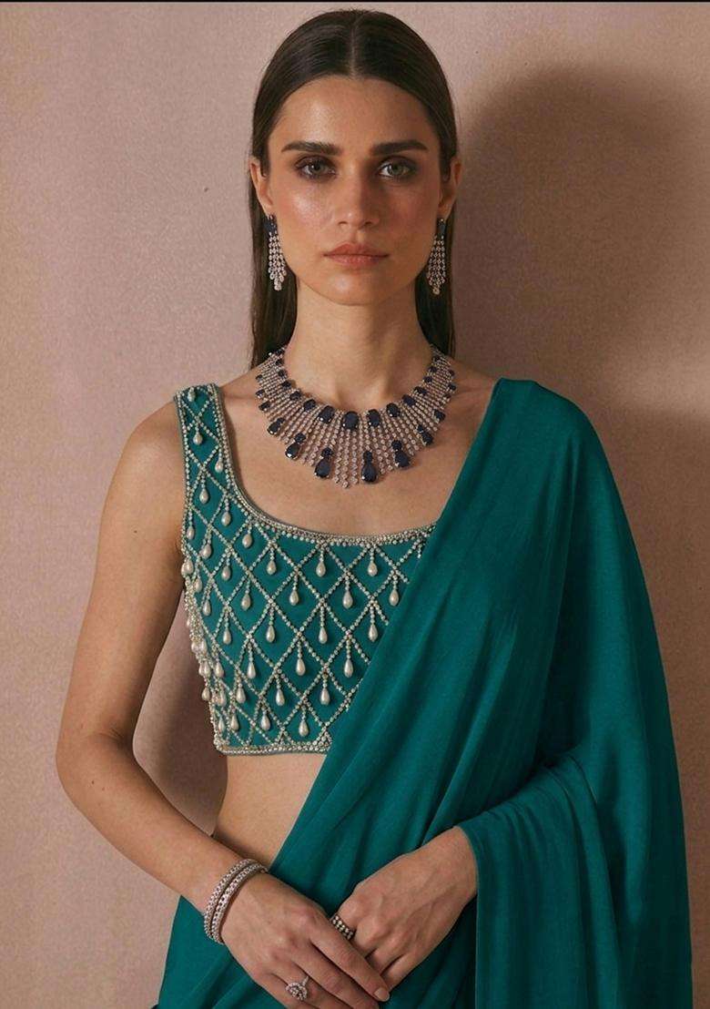 Peacock Teal Embroidered Handwork Pre Draped Saree Set - Indya