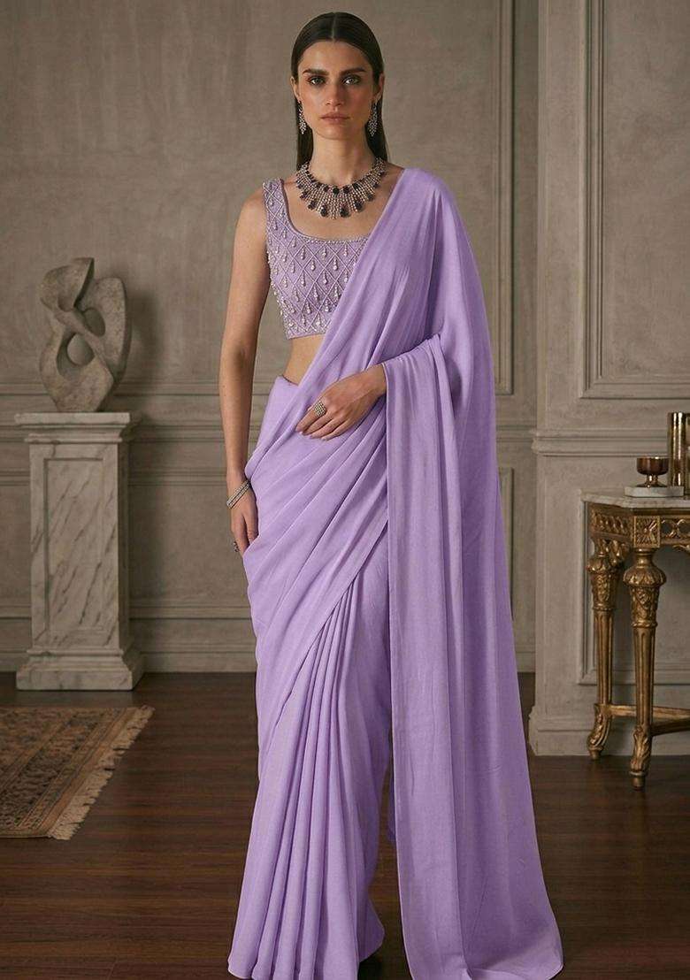 Lavender Embroidered Handwork Pre Draped Saree Set - Indya