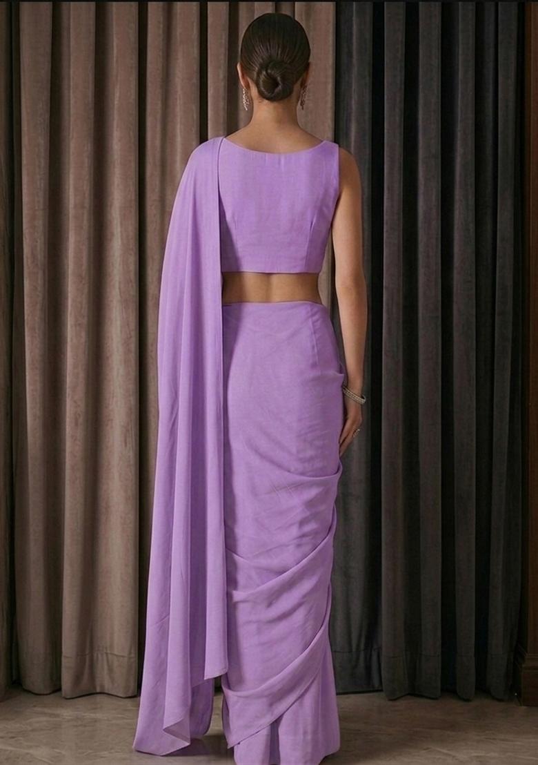 Lavender Embroidered Handwork Pre Draped Saree Set - Indya