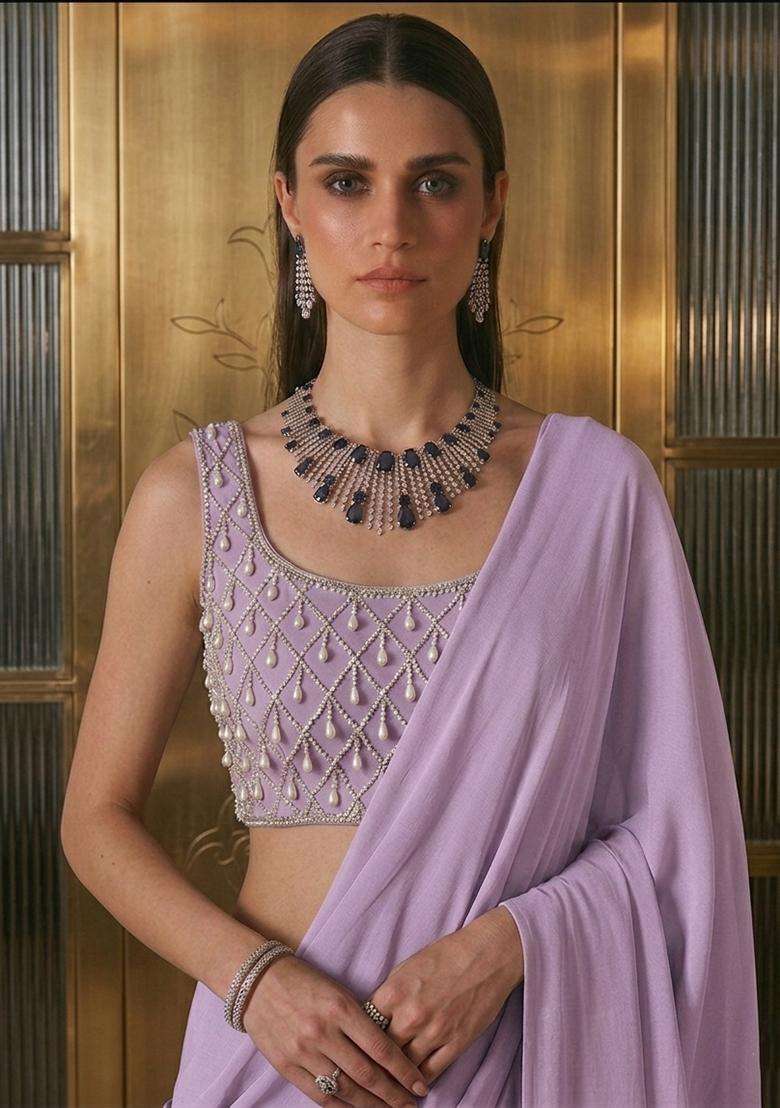 Lavender Embroidered Handwork Pre Draped Saree Set - Indya