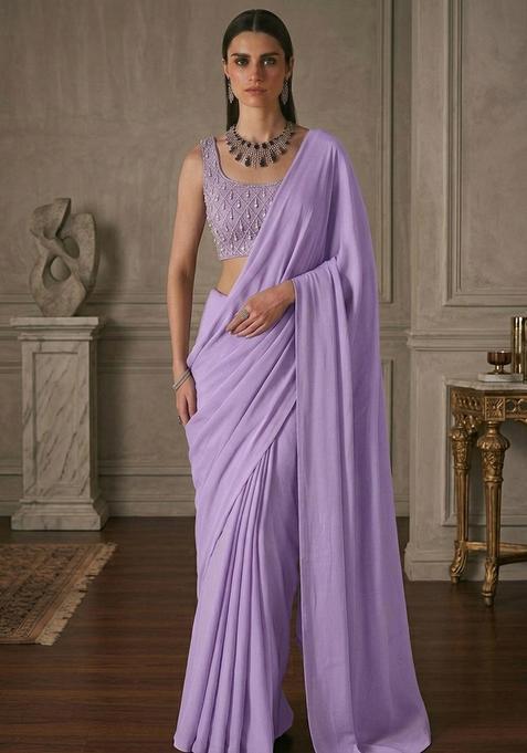 Lavender Georgette Handwork Pre Draped Saree Set