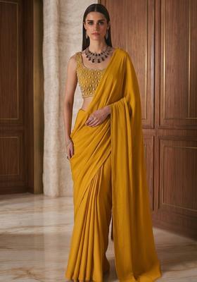 Mustard Embroidered Handwork Pre Draped Saree Set