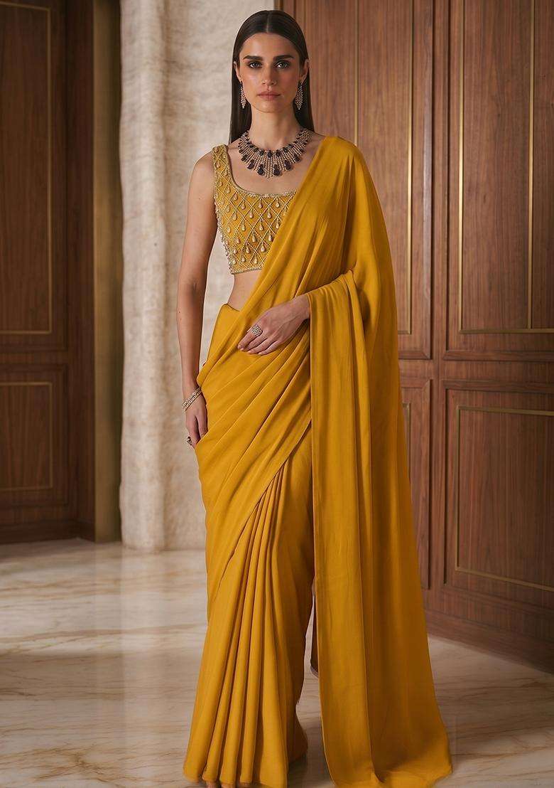 Mustard Embroidered Handwork Pre Draped Saree Set - Indya