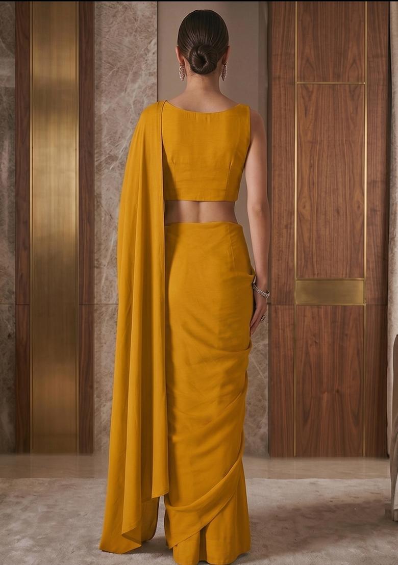 Mustard Embroidered Handwork Pre Draped Saree Set - Indya