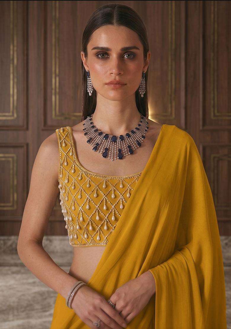 Mustard Embroidered Handwork Pre Draped Saree Set - Indya