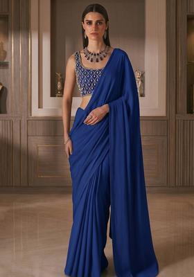 Royal Blue Embroidered Handwork Pre Draped Saree Set