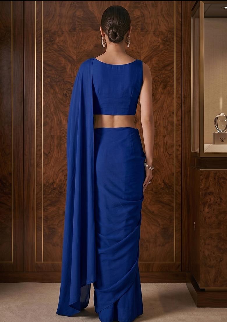 Royal Blue Embroidered Handwork Pre Draped Saree Set - Indya
