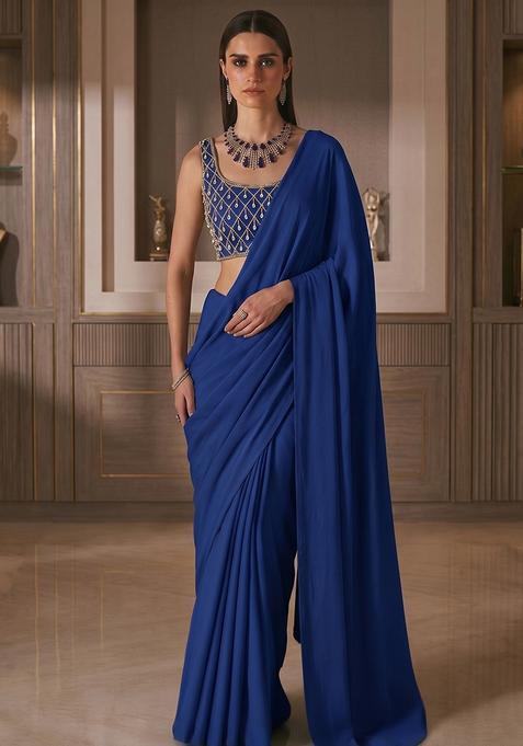 Royal Blue Silk Blend Handwork Pre Draped Saree Set