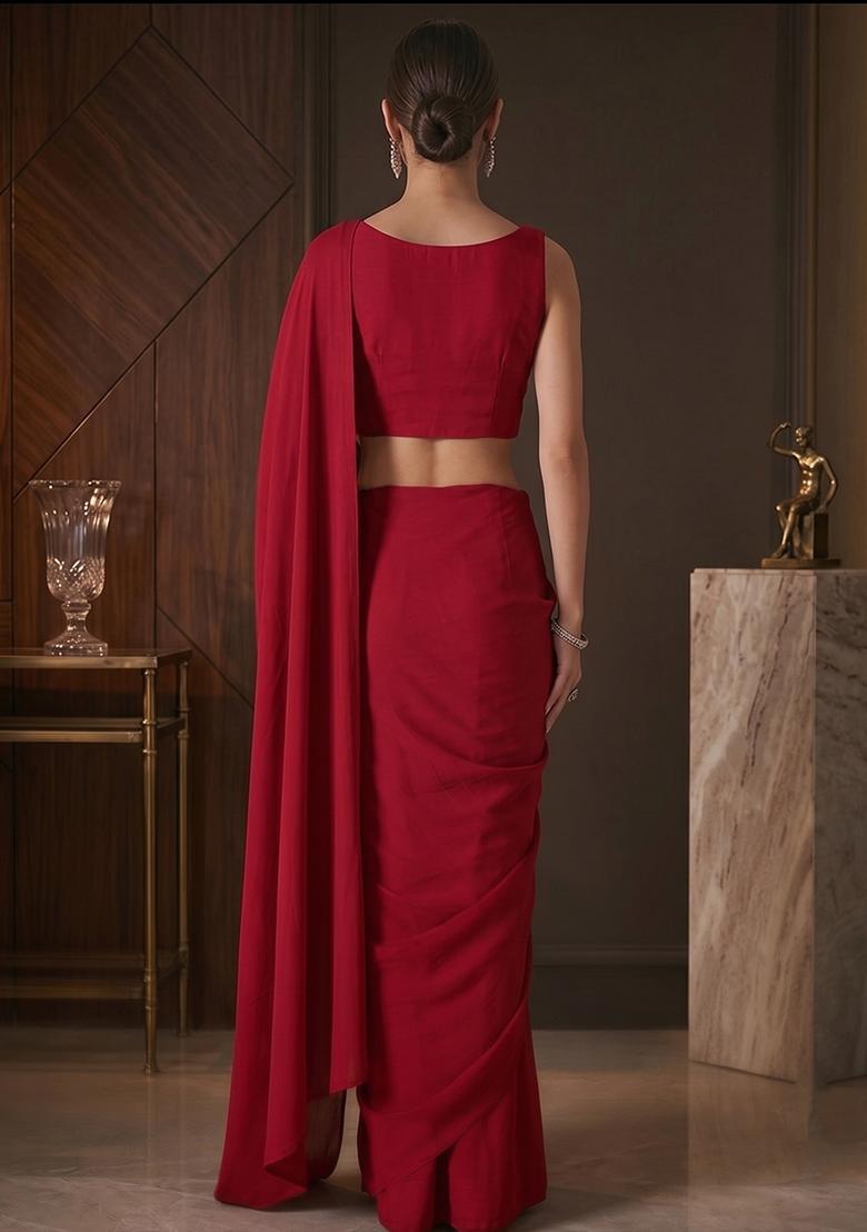 Cherry Red Embroidered Handwork Pre Draped Saree Set - Indya