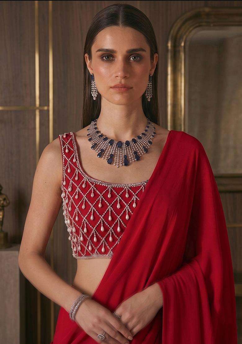 Cherry Red Embroidered Handwork Pre Draped Saree Set - Indya
