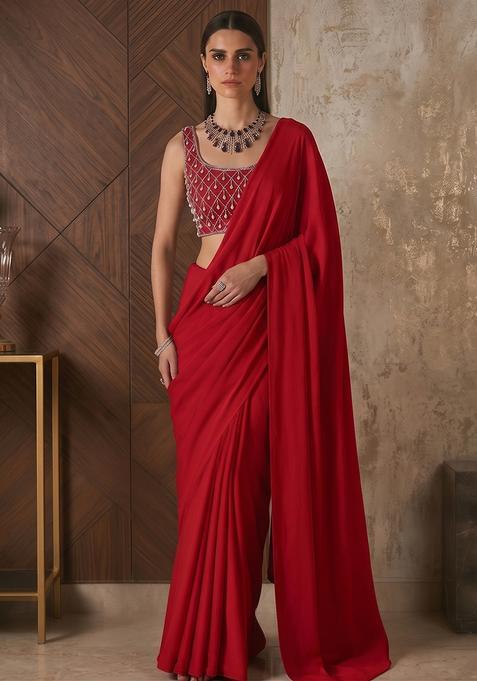 Cherry Red Silk Blend Handwork Pre Draped Saree Set