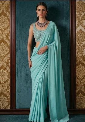 Light Blue Embroidered Handwork Pre Draped Saree Set