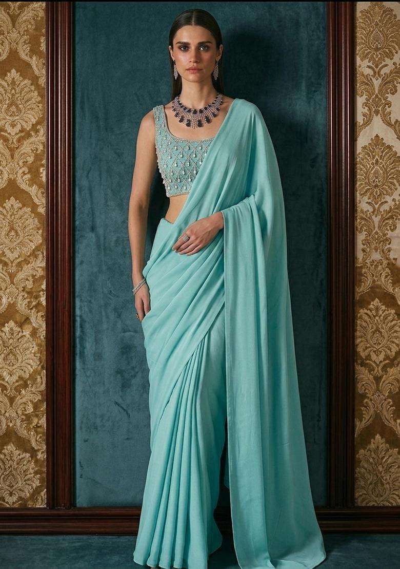Light Blue Embroidered Handwork Pre Draped Saree Set - Indya