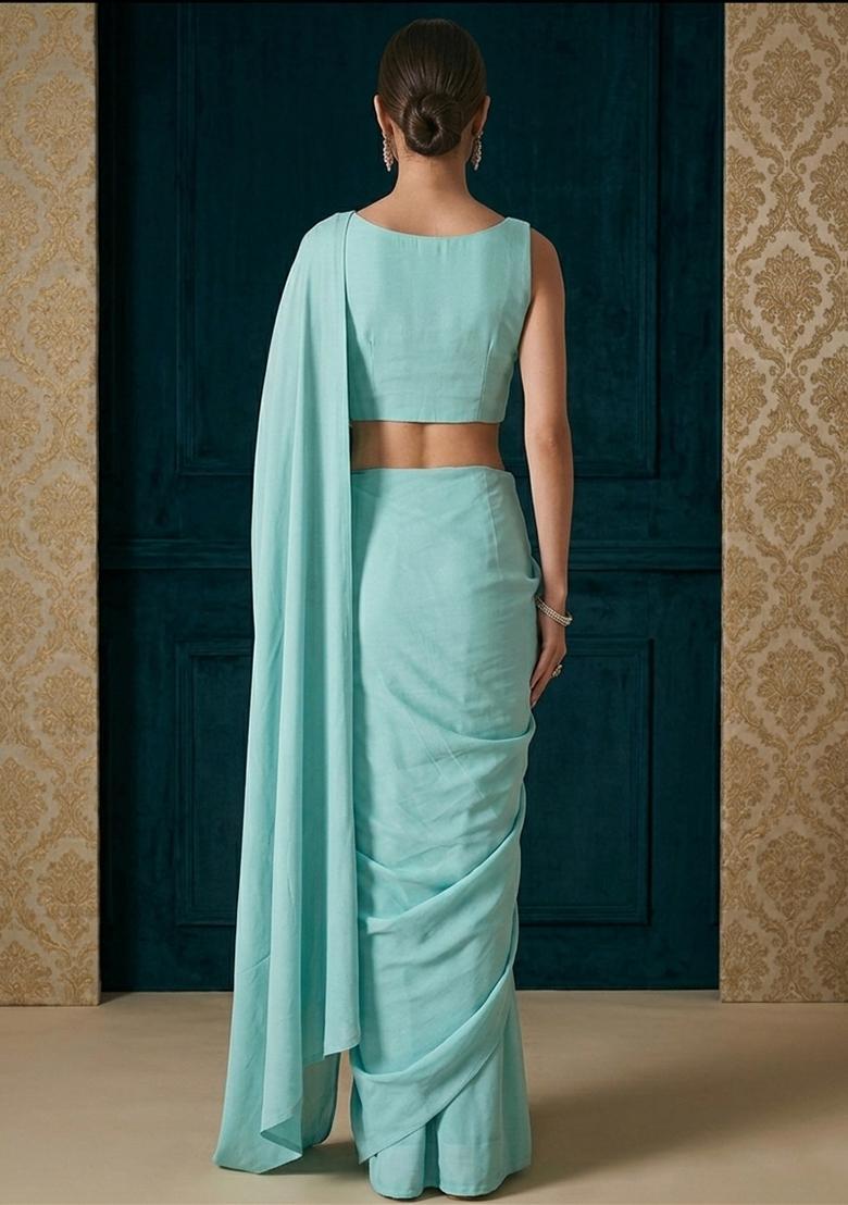 Light Blue Embroidered Handwork Pre Draped Saree Set - Indya
