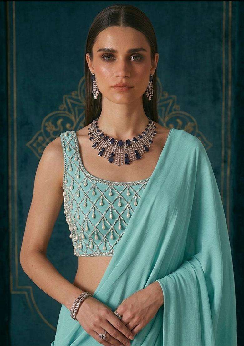 Light Blue Embroidered Handwork Pre Draped Saree Set - Indya