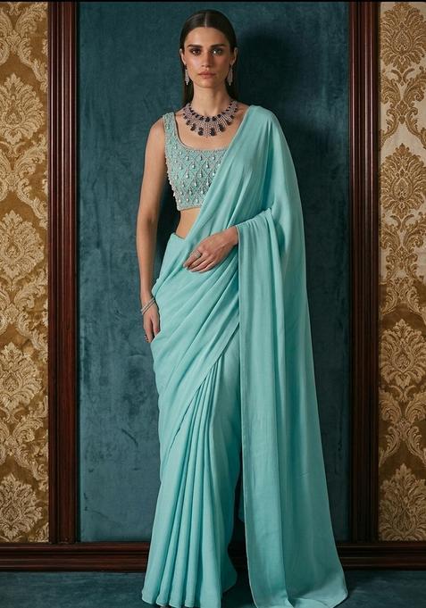 Light Blue Georgette Handwork Pre Draped Saree Set