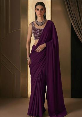 Deep Purple Embroidered Handwork Pre Draped Saree Set