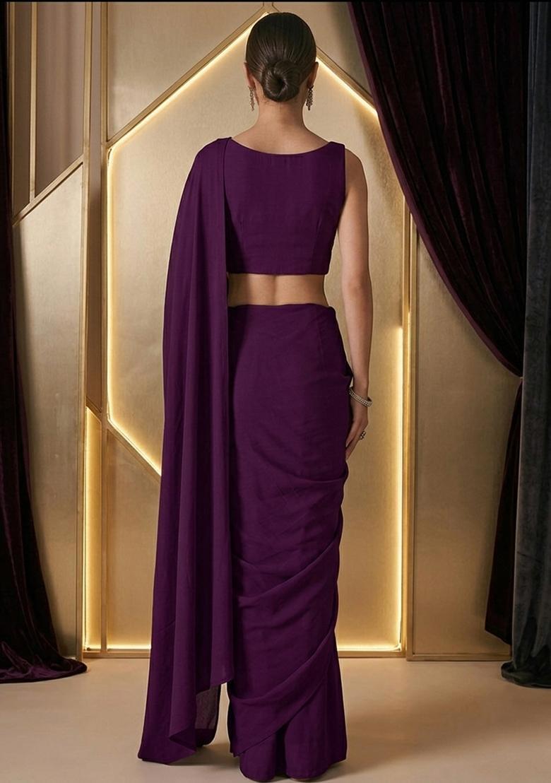 Deep Purple Embroidered Handwork Pre Draped Saree Set - Indya