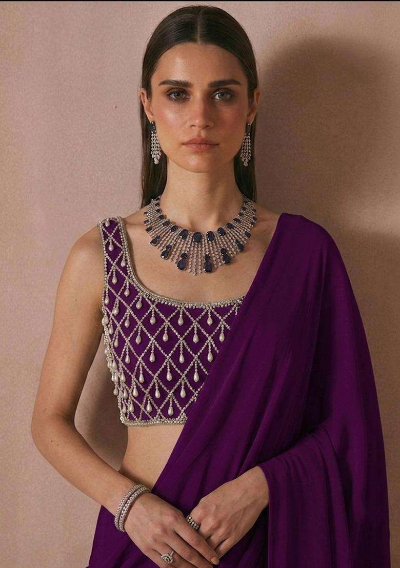 Deep Purple Embroidered Handwork Pre Draped Saree Set - Indya