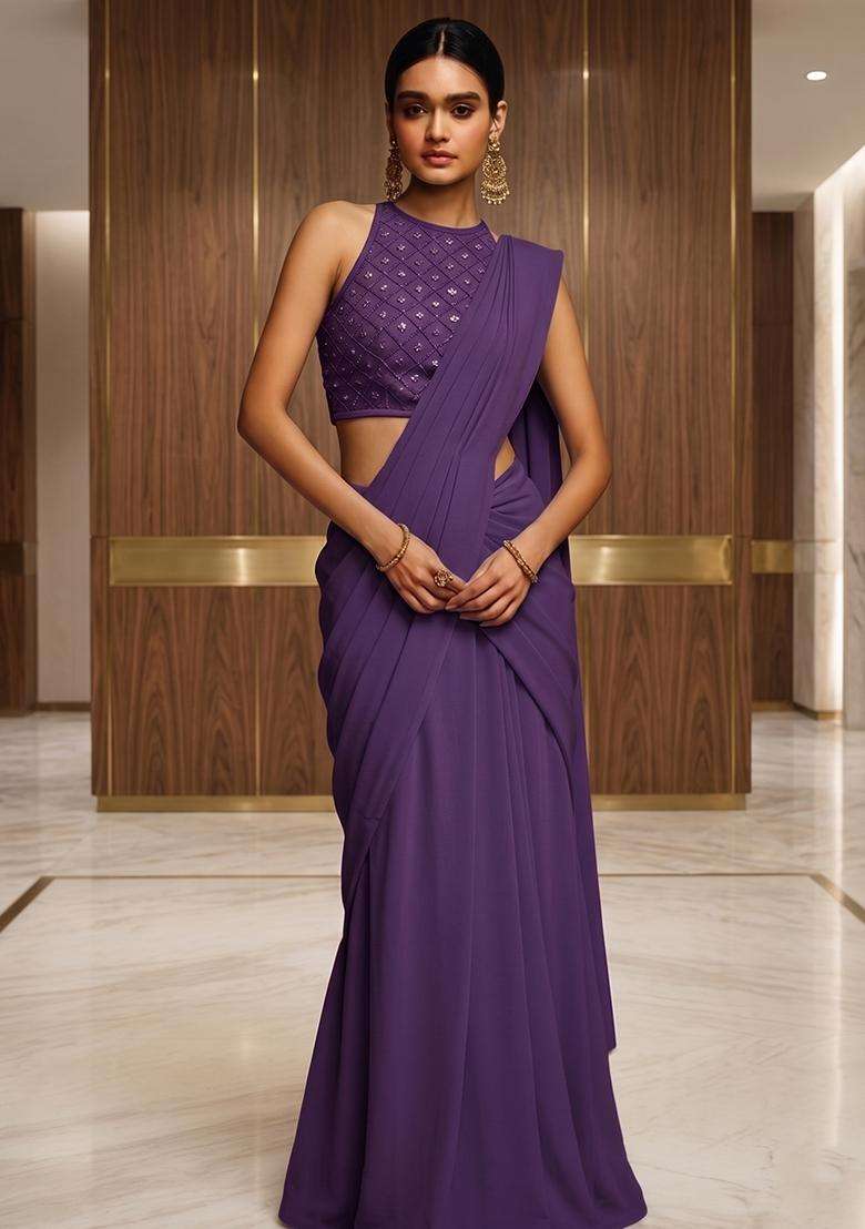 Purple Embroidered Handwork Pre Draped Saree Set - Indya