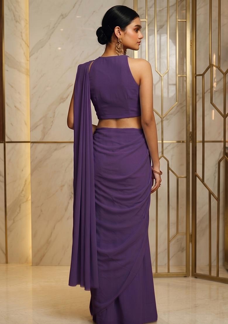 Purple Embroidered Handwork Pre Draped Saree Set - Indya