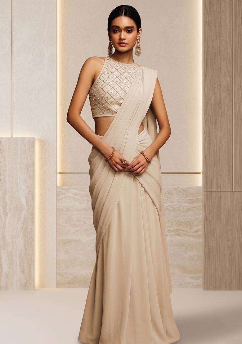 Cream Embroidered Handwork Pre Draped Saree Set - Indya