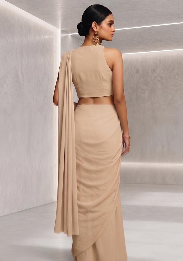 Cream Embroidered Handwork Pre Draped Saree Set - Indya