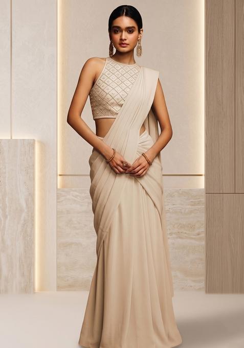Cream Crepe Embellished Pre Draped Saree Set