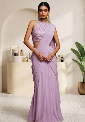 Lavender Embroidered Handwork Pre Draped Saree Set