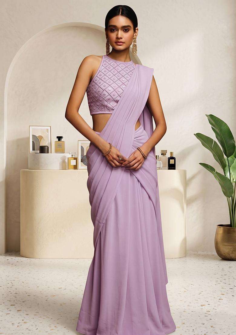 Lavender Embroidered Handwork Pre Draped Saree Set - Indya