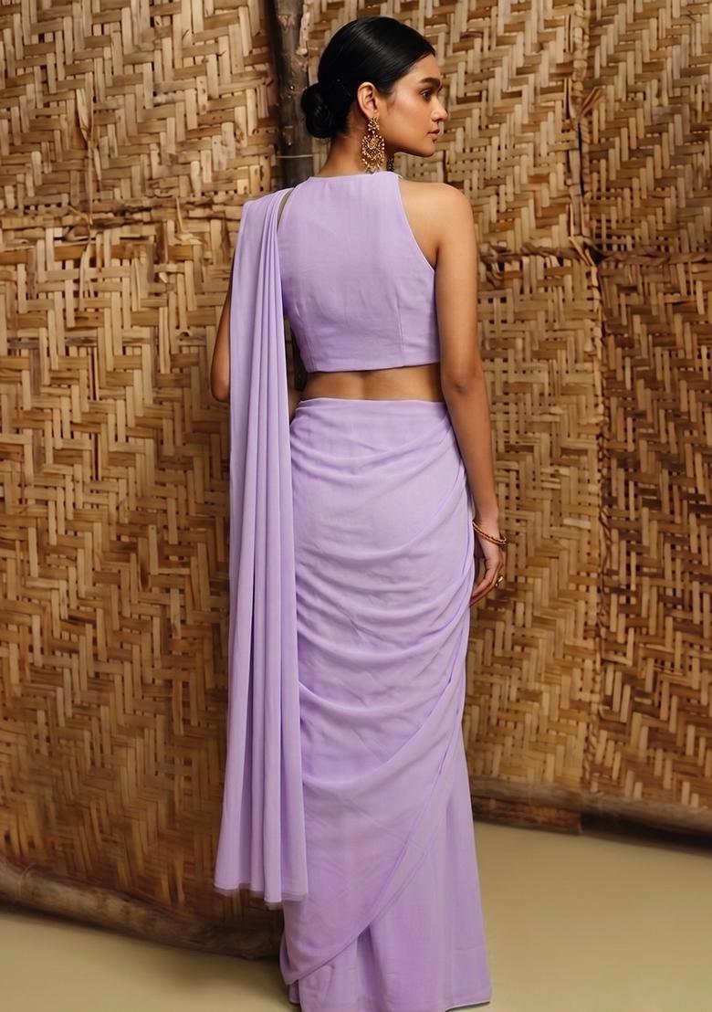 Lavender Embroidered Handwork Pre Draped Saree Set - Indya