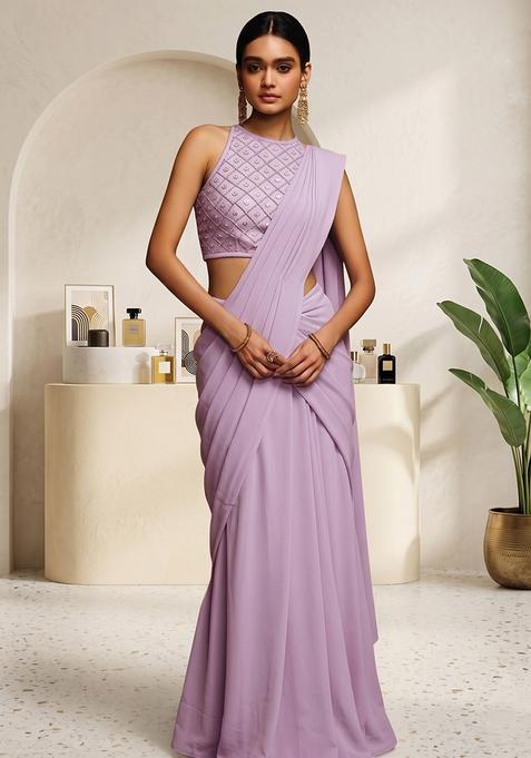 Lavender Georgette Embroidered Pre Draped Saree Set