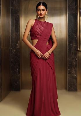 Crimson Embroidered Handwork Pre Draped Saree Set