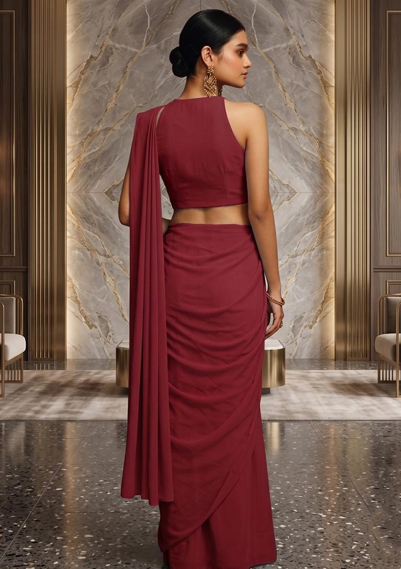 Crimson Embroidered Handwork Pre Draped Saree Set - Indya