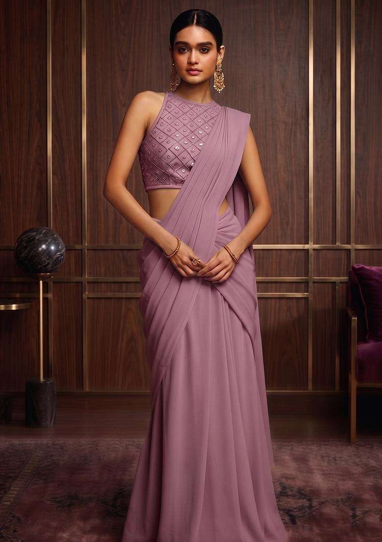 Mauve Embroidered Handwork Pre Draped Saree Set - Indya