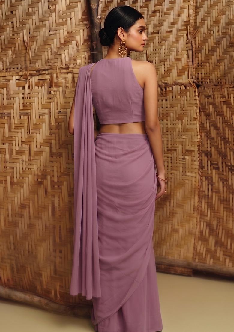 Mauve Embroidered Handwork Pre Draped Saree Set - Indya