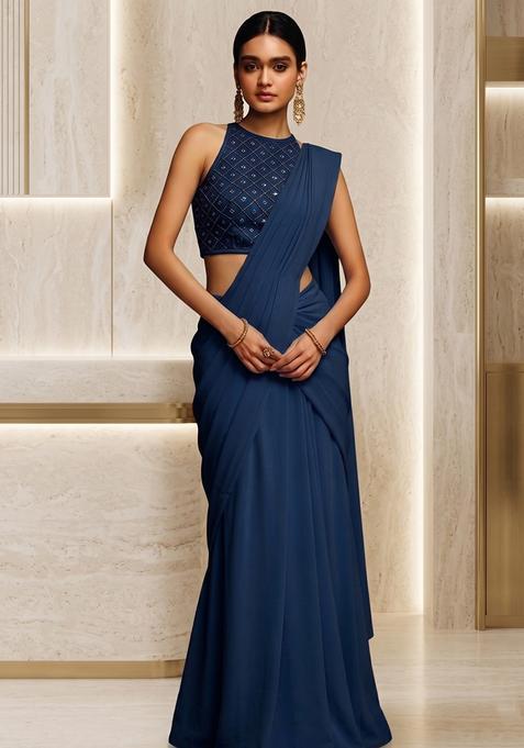 Navy Blue Crepe Embroidered Pre Draped Saree Set