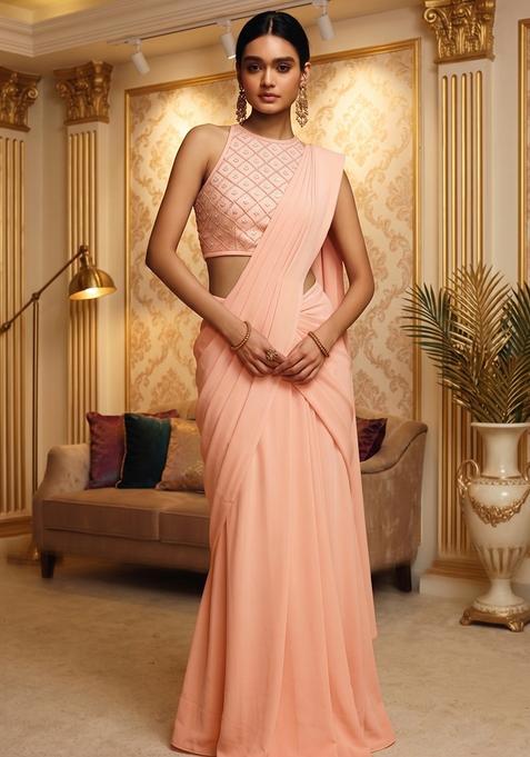 Peach Pink Georgette Embroidered Pre Draped Saree Set