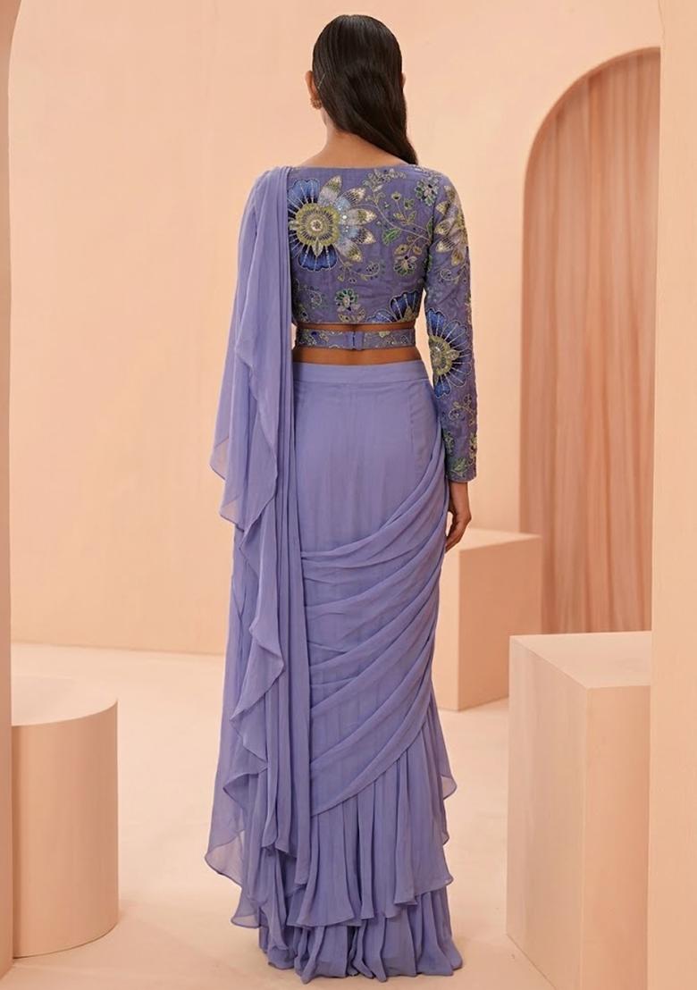 Light Lavender Silk Blend Floral Print Pre Draped Saree Set - Indya