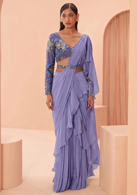 Lavender Silk Blend Floral Print Pre Draped Saree Set