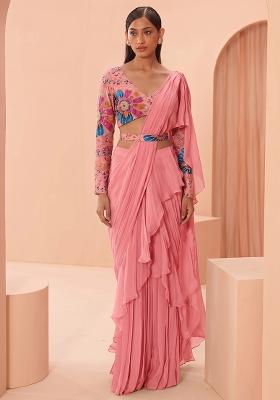 Peach Pink Embroidered Organza Pre Draped Saree Set