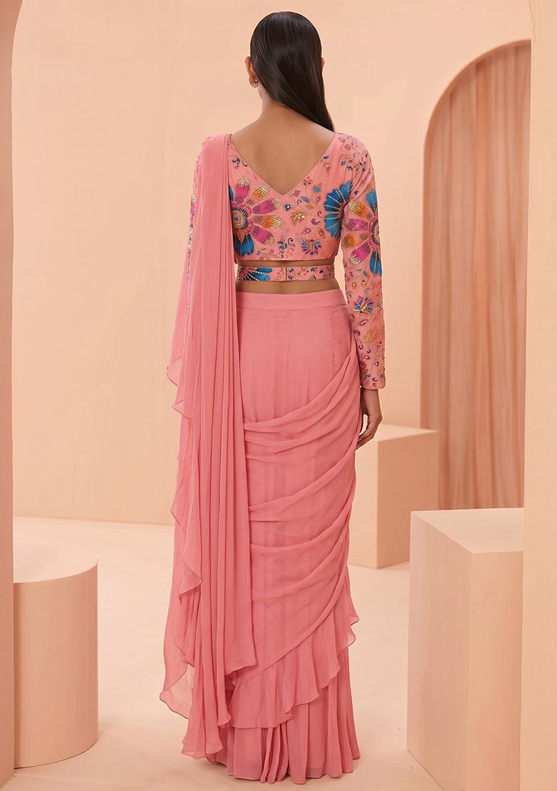 Peach Pink Embroidered Organza Pre Draped Saree Set - Indya