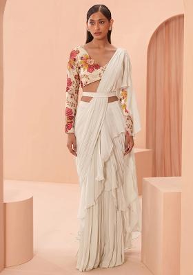 Cream Embroidered Organza Pre Draped Saree Set