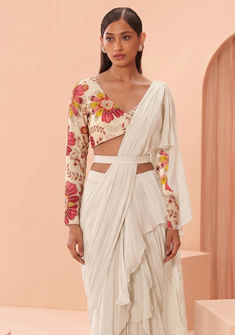 Cream Embroidered Organza Pre Draped Saree Set - Indya