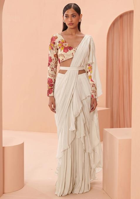 Cream Silk Blend Embroidered Handwork Pre Draped Saree Set