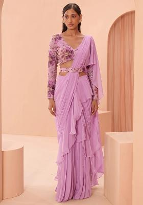 Lilac Printed Organza Pre Draped Saree Set