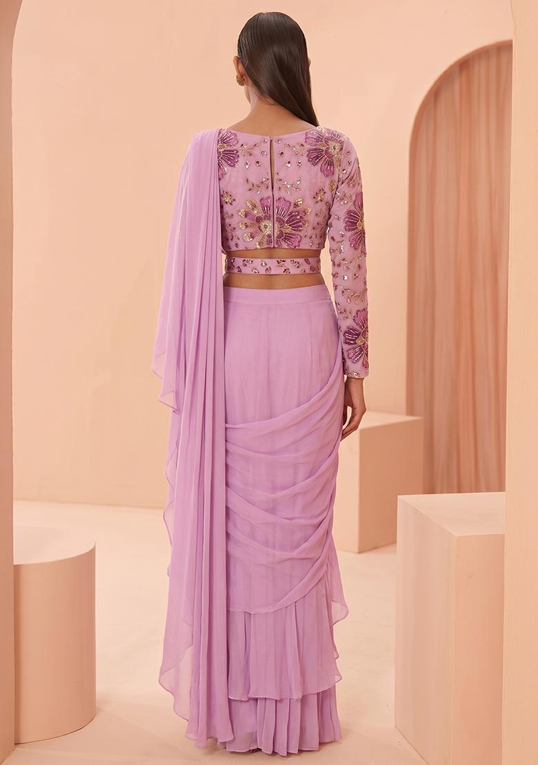 Lilac Printed Organza Pre Draped Saree Set - Indya