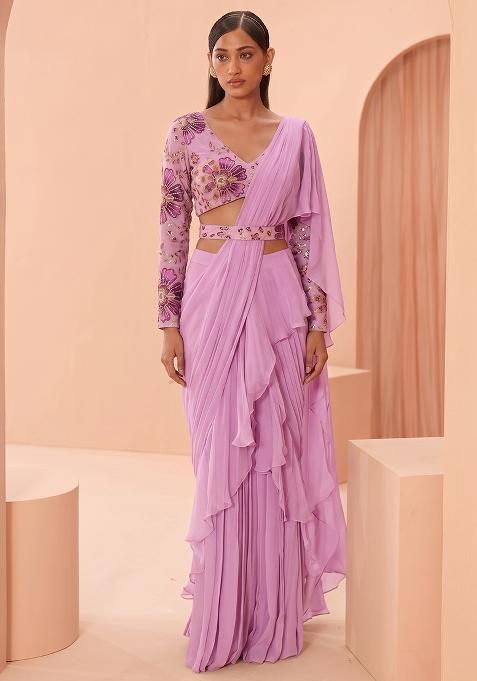 Lilac Georgette Floral Print Pre Draped Saree Set
