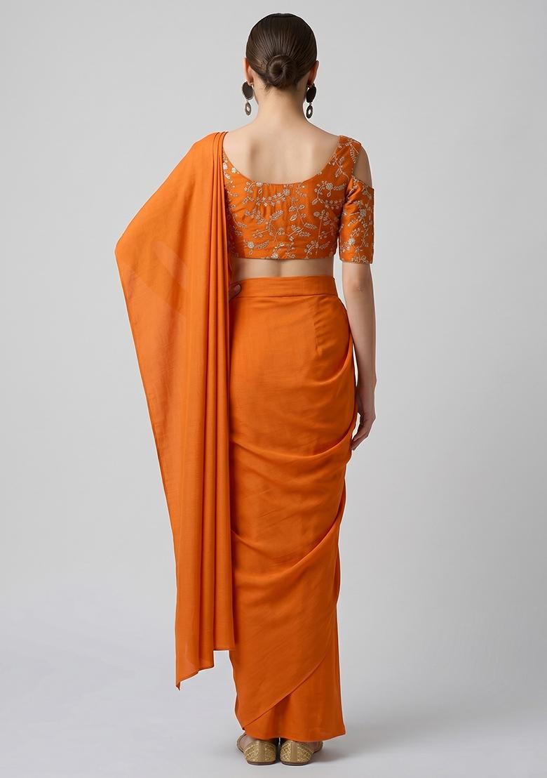 Orange Embroidered Crepe Pre Draped Saree Set - Indya